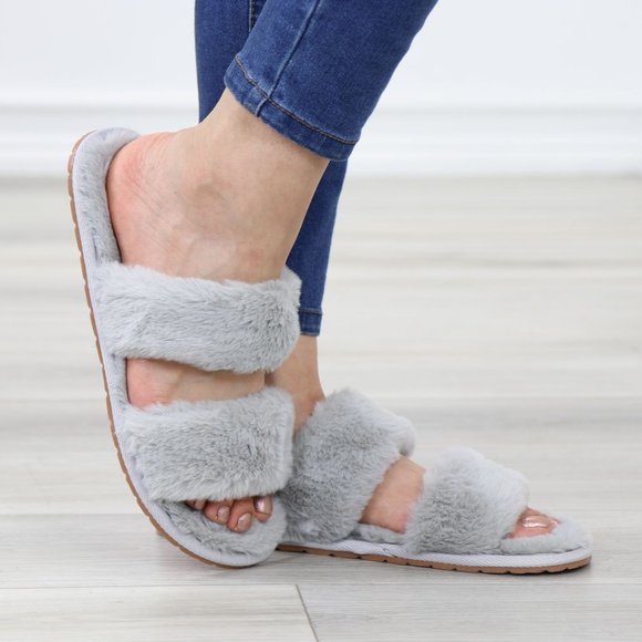 Grey Puff Fuzzy Furry Fluffy Slip On Plush Slippers Double Strap - Picture 9 of 13